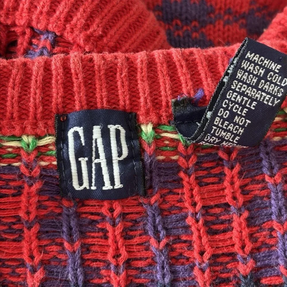 Vintage GAP Kids Fair Isle Cardigan Red Sweater XS Moose Tree Scandi 100% Cotton